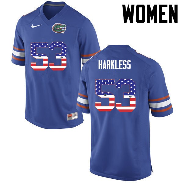 Florida Gators Women #53 Kavaris Harkless College Football USA Flag Fashion Blue